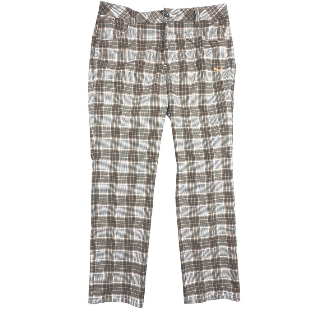 Puma SportLifestyle Mens Golf Pants W34 L32 Brown White Orange Plaid Stretch